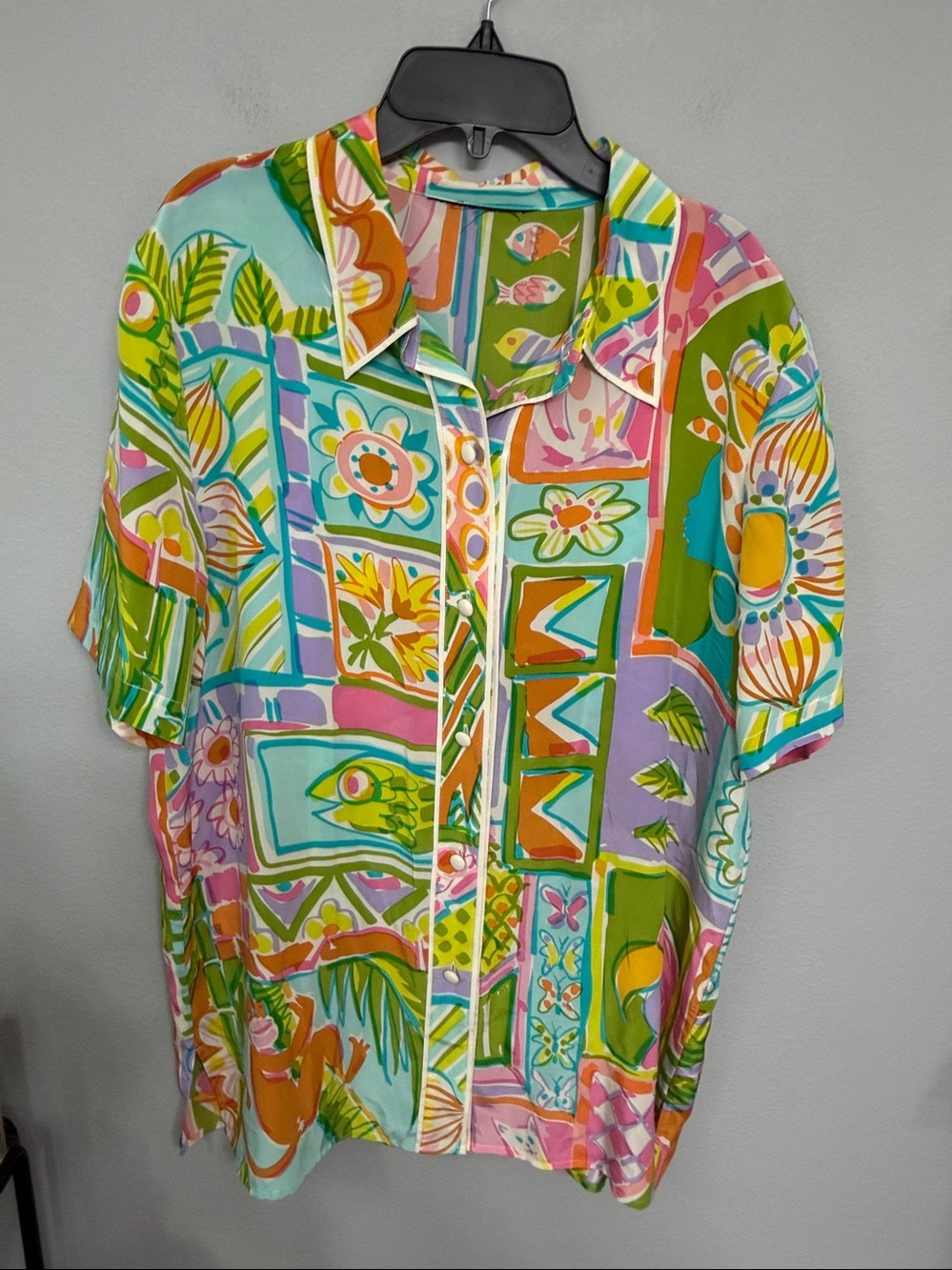 Bob Mackie Vibrant Multicolor Tropical Patchwork Button-Down Silk Shirt Size L